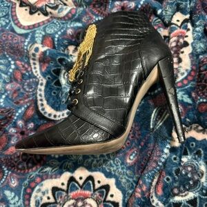 next Black Croc-Embossed Stiletto Lace-Up Ankle Boot with Gold Chain